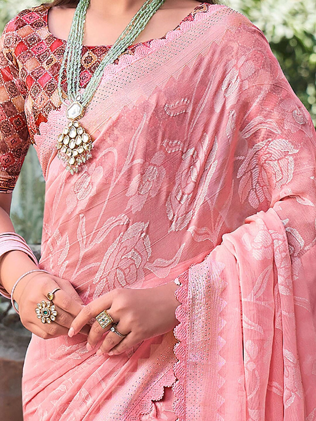 Saree Mall Floral Woven Design Pure Chiffon Beads & Stones Bagru Sarees | Grocsy
