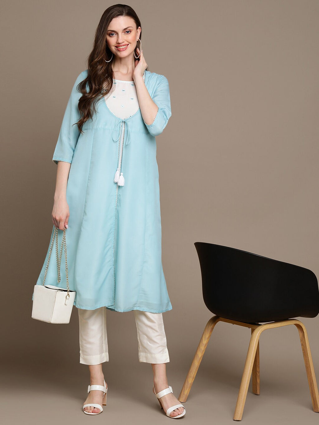 HERE&NOW Embroidered Mirror Work A-Line Kurta | Grocsy