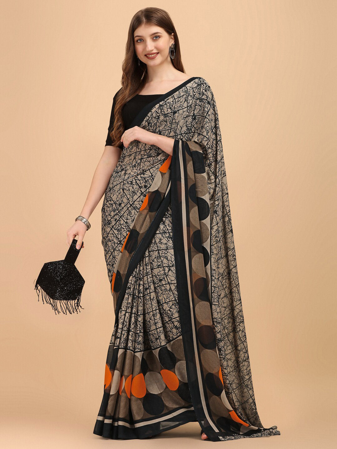 Sangria Black & Beige Pure Georgette Saree | Grocsy