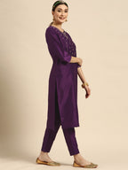 Sangria Women Purple Ethnic Motifs Embroidered Kurta with Trousers | Grocsy