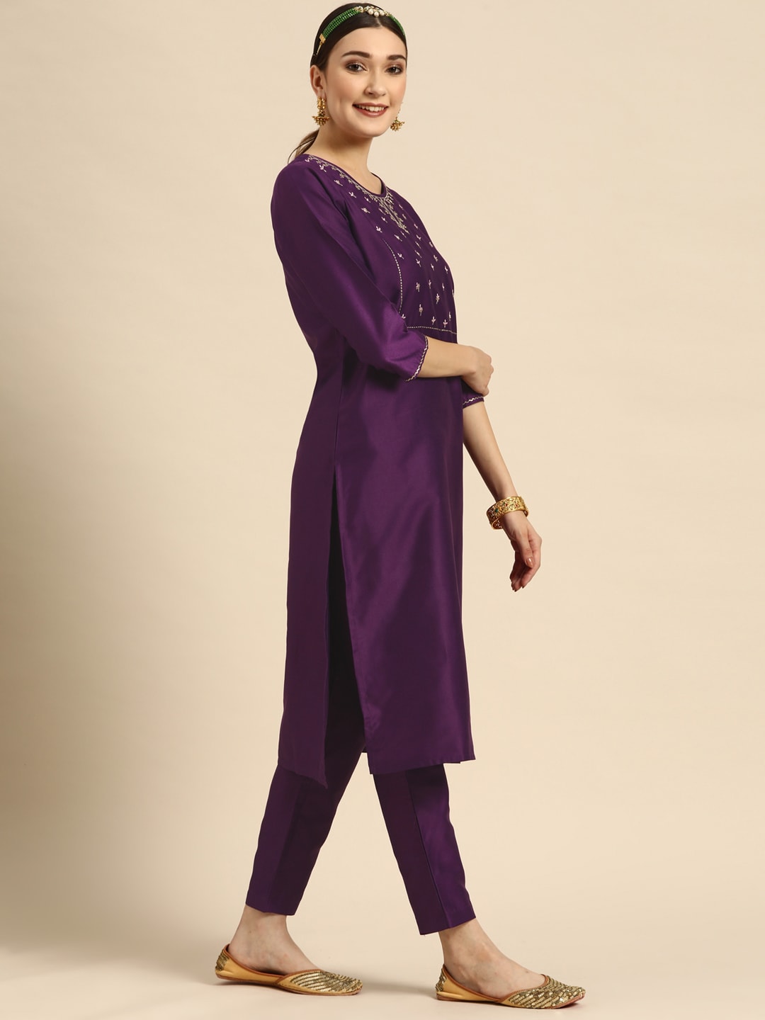 Sangria Women Purple Ethnic Motifs Embroidered Kurta with Trousers | Grocsy