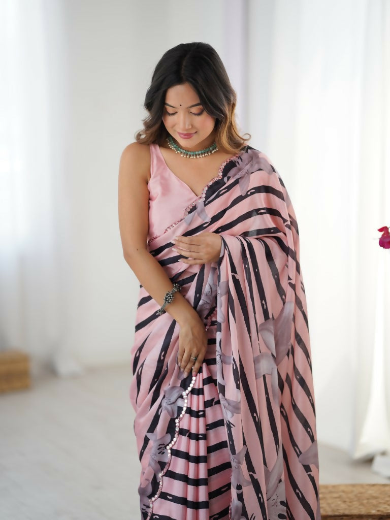 Pink Chinon Designer Digital Printed,Mirror Cut Work Saree - Manvika | Grocsy