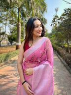 Vamsee Mehar Peach Organza Saree | Grocsy