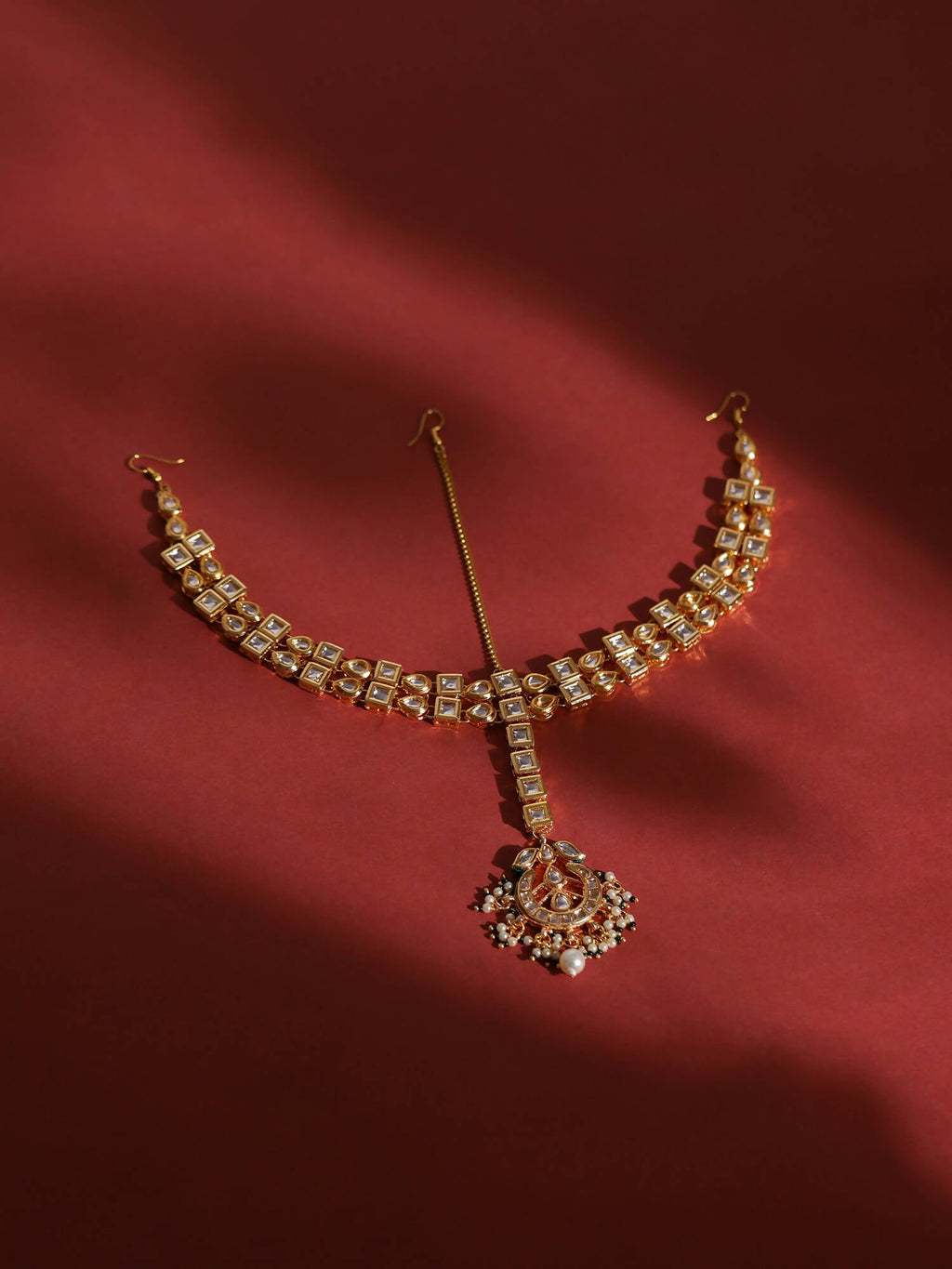 Gold-Polished White Green Kundan-Studded Pearl Beaded Matha Patti - Ruby Raang | Grocsy