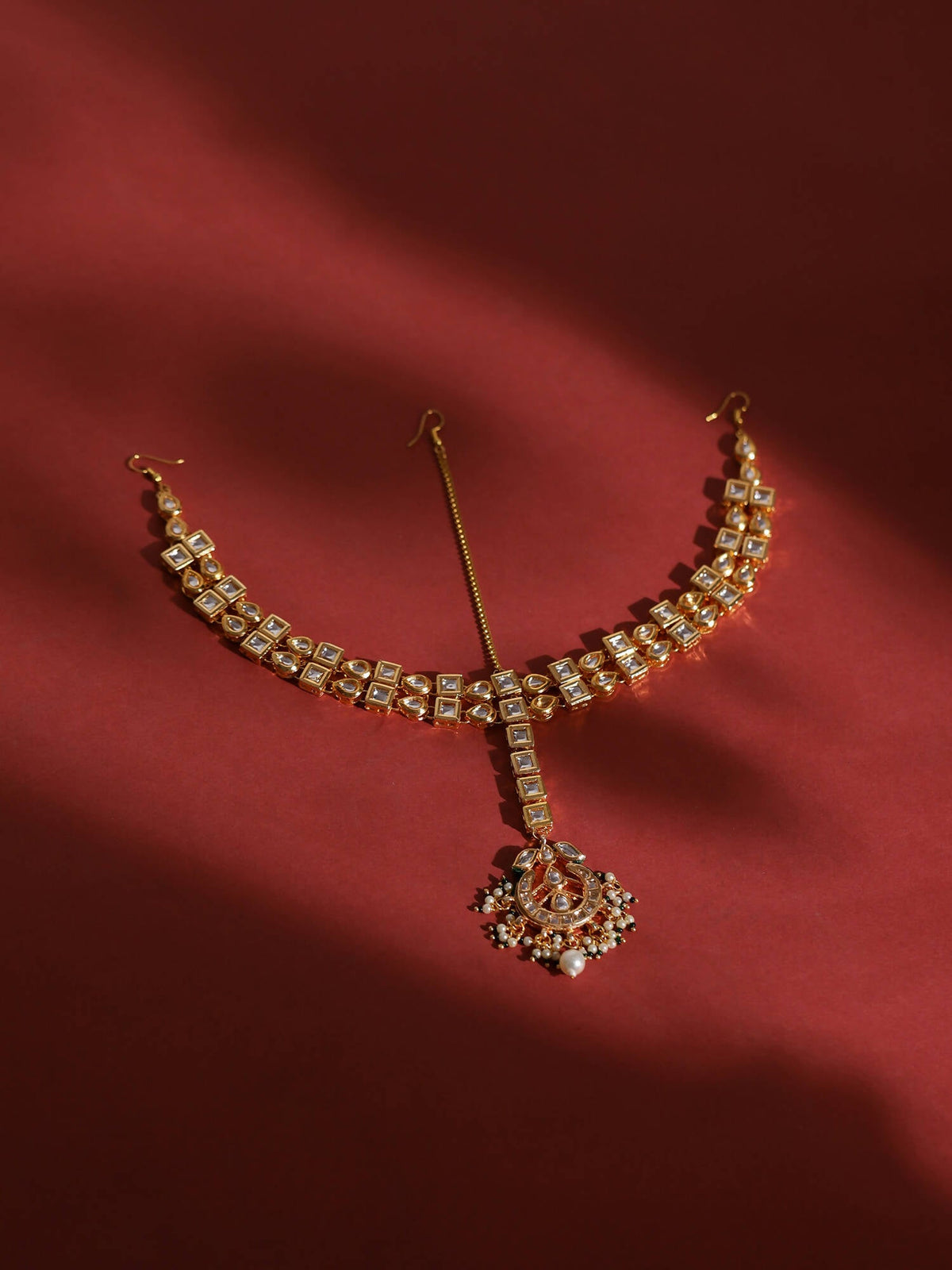 Gold-Polished White Green Kundan-Studded Pearl Beaded Matha Patti - Ruby Raang | Grocsy
