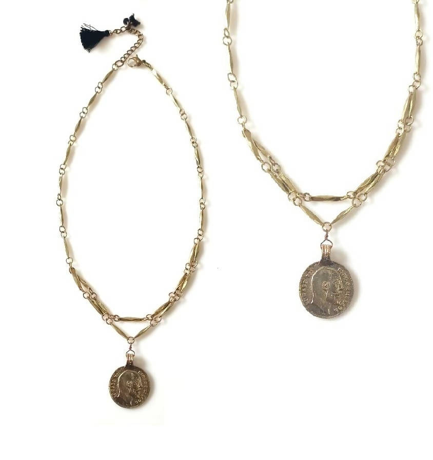 Bling Accessories Antique Brass Finish Brass Metal 2 Rows Coin Charm Necklace | Grocsy