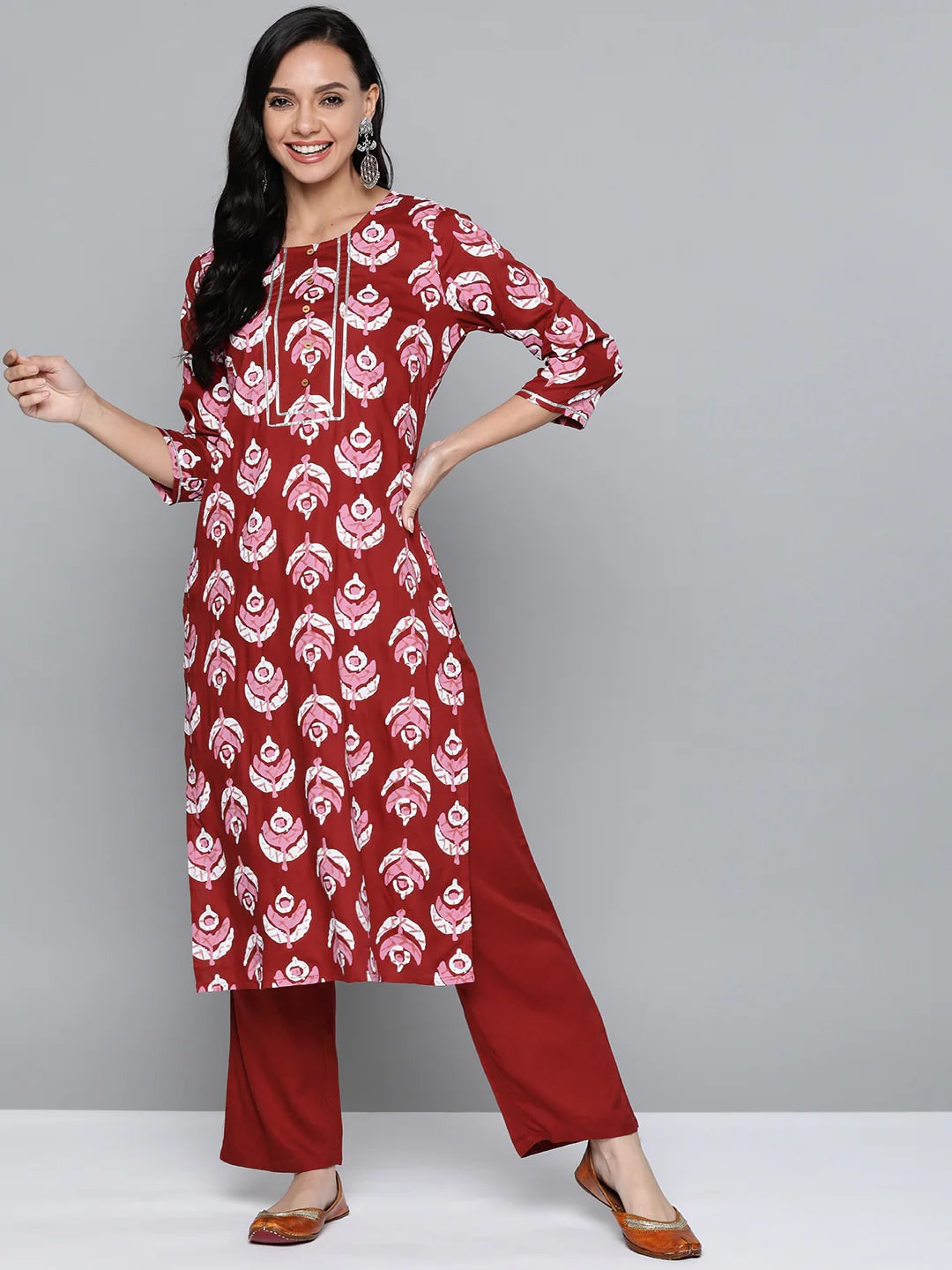 HERE&NOW Women Maroon & Pink Ethnic Motifs Printed Regular Gotta Patti Kurta with Trousers | Grocsy