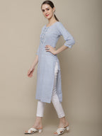 Sangria Women Lavender Geometric Printed Flared Sleeves Thread Work Kurta | Grocsy