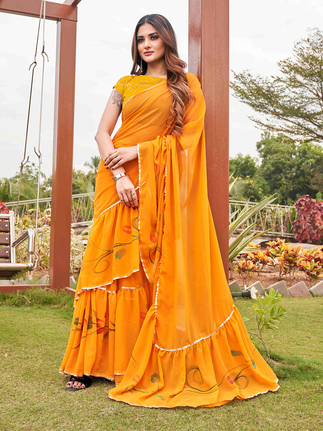 Tikhi Imli Mustard Yellow Gotta Patti Ruffles Saree | Grocsy