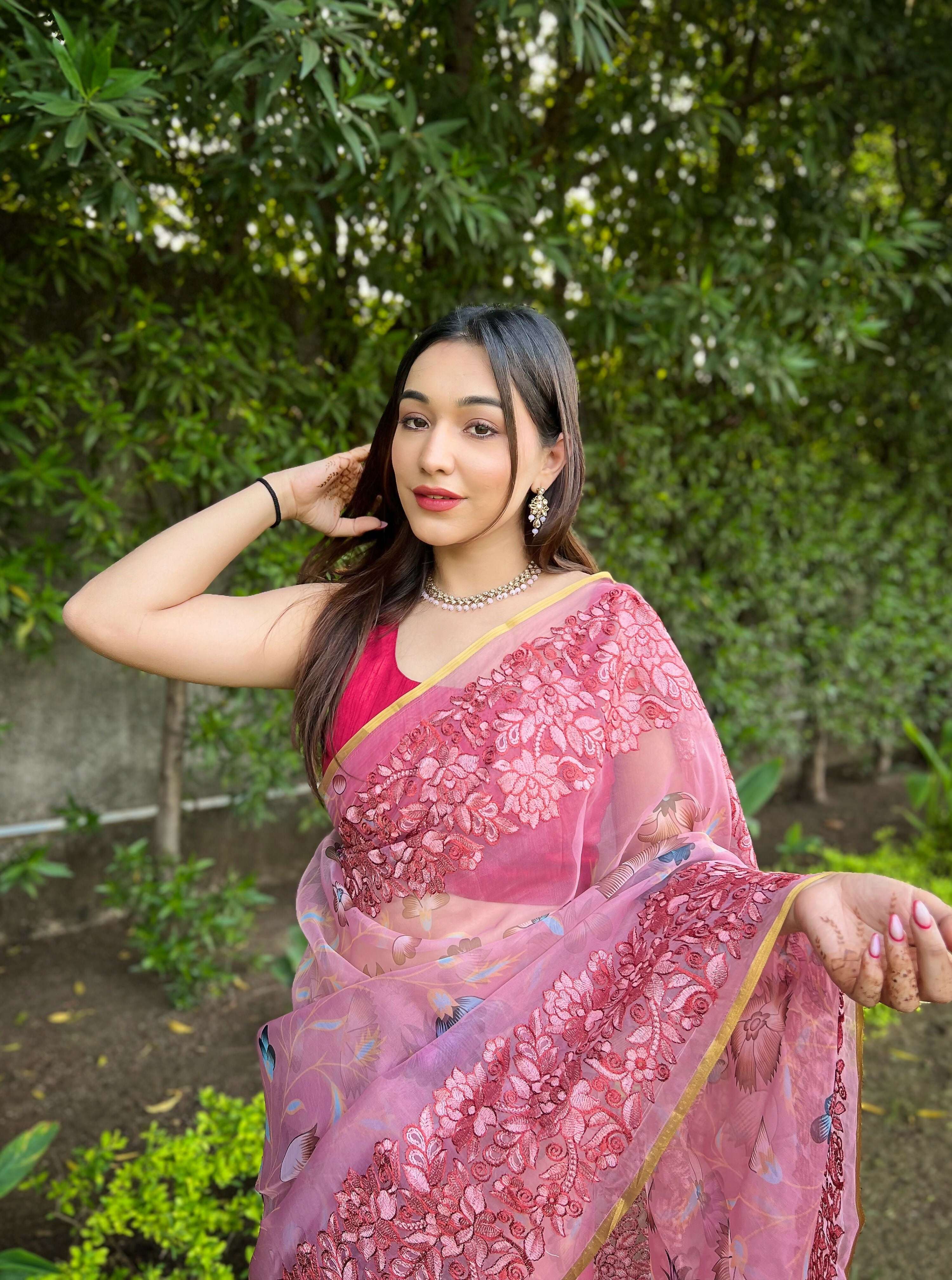 Vamsee Bavari Peach Organza Saree | Grocsy
