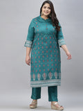 Sztori Plus Size Floral Foil Printed Mandarin Collar Straight Kurta with Trousers | Grocsy
