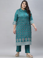 Sztori Plus Size Floral Foil Printed Mandarin Collar Straight Kurta with Trousers | Grocsy