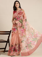 Saree Mall Pink Floral Printed Organza Sarees | Grocsy
