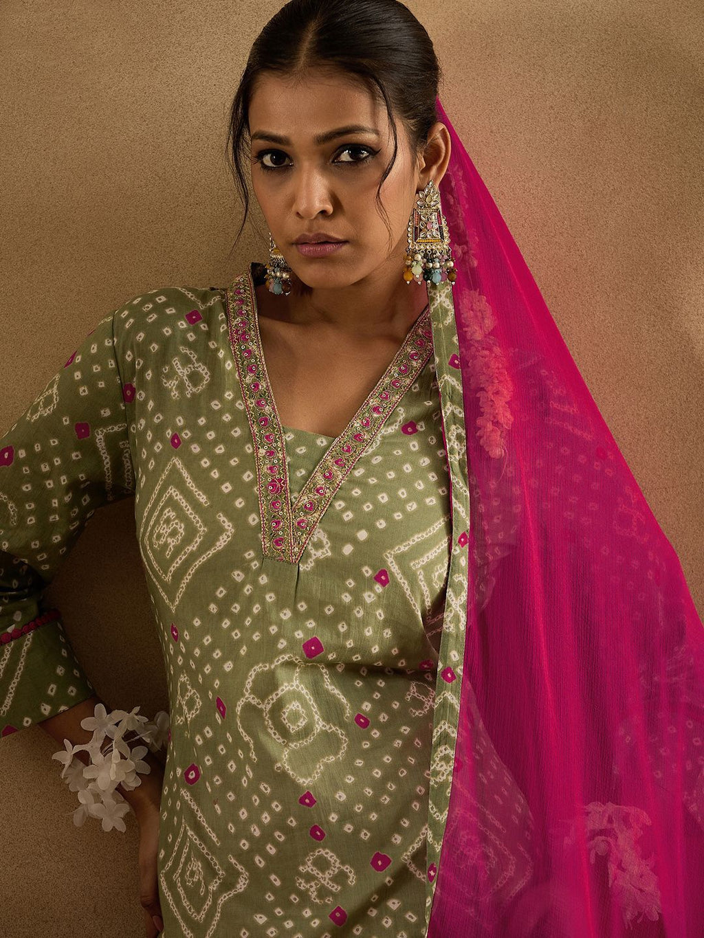 Indo Era Bandhani Printed Pure Cotton Kurta With Trousers & Dupatta | Grocsy