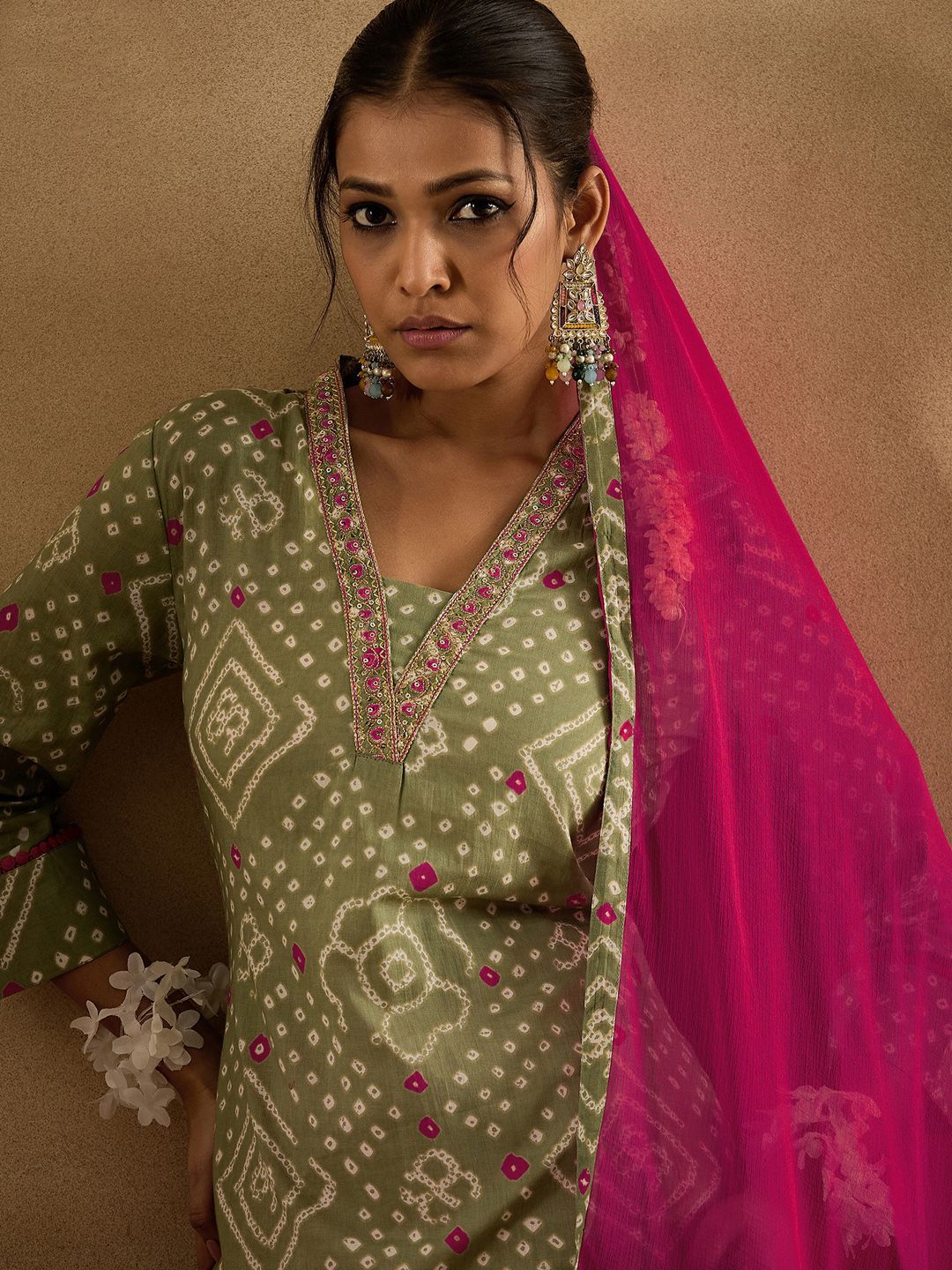 Indo Era Bandhani Printed Pure Cotton Kurta With Trousers & Dupatta | Grocsy