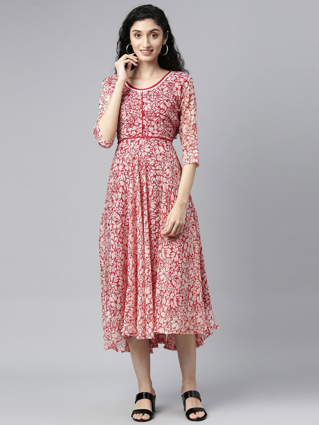 Souchii White & Red Floral Layered Chiffon Beautiful Midi Dress | Grocsy