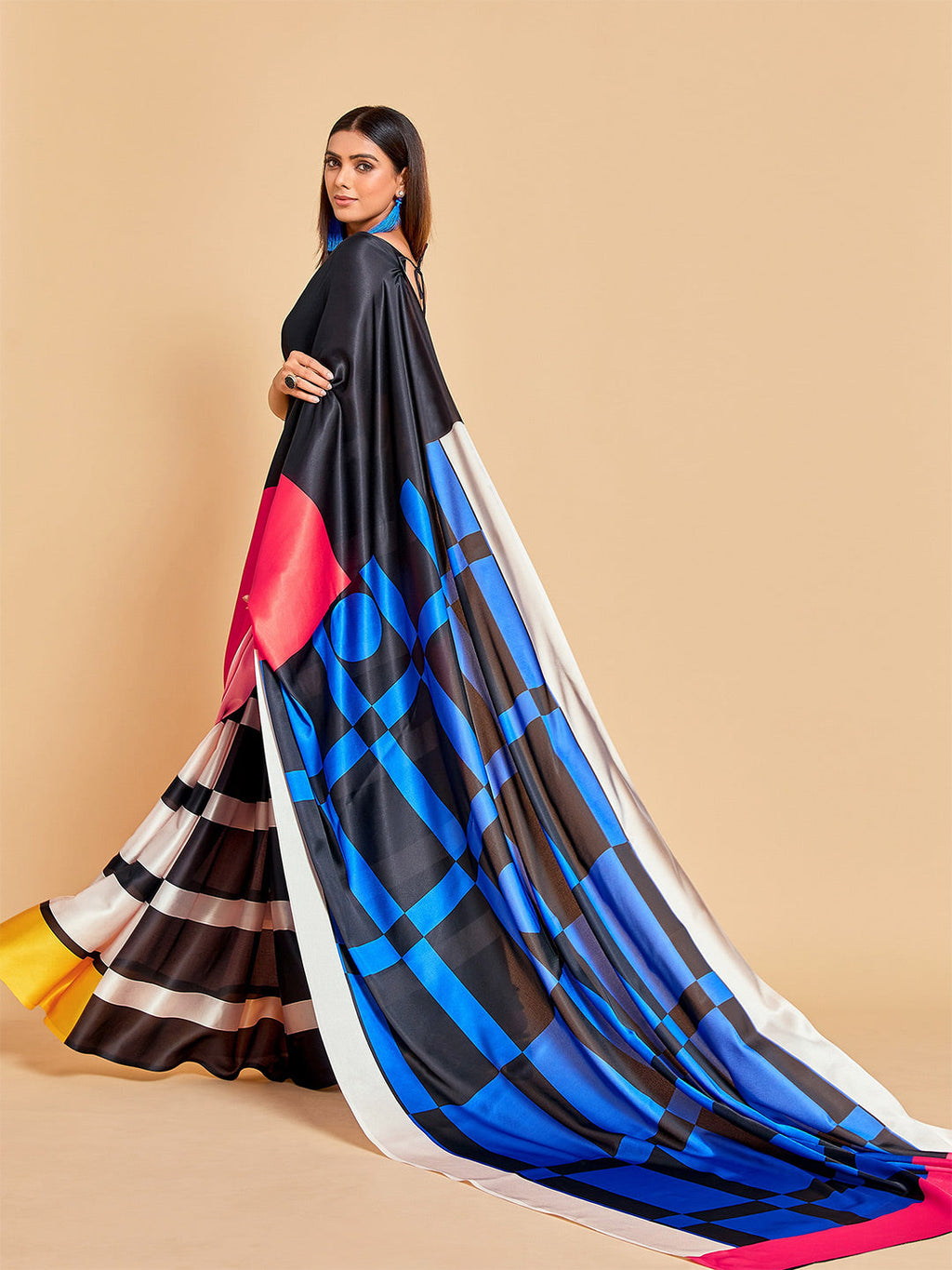 Sangria Blue & Black Striped Satin Ready to Wear Saree | Grocsy