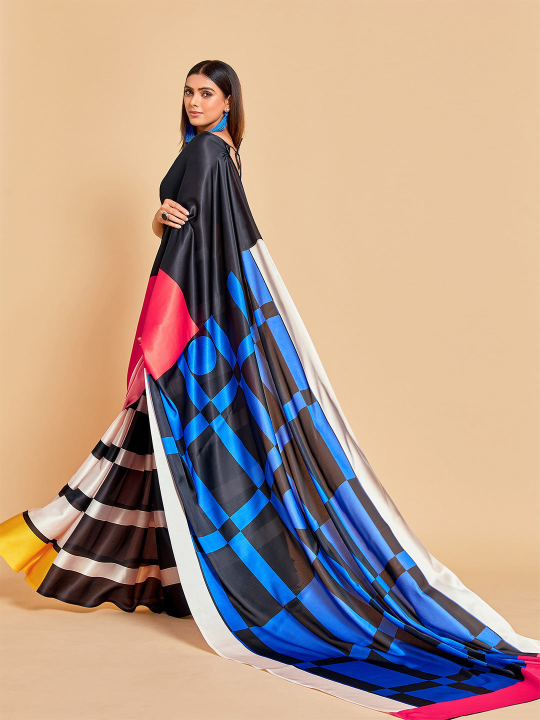 Sangria Blue & Black Striped Satin Ready to Wear Saree | Grocsy