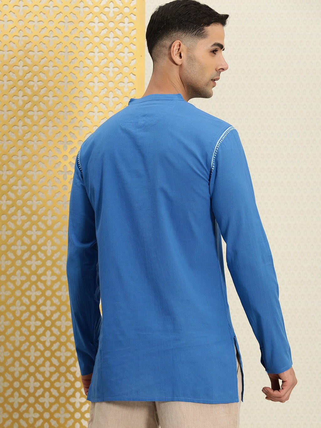House of Pataudi Men Pure Cotton Solid Chikankari Jashn Short Kurta | Grocsy