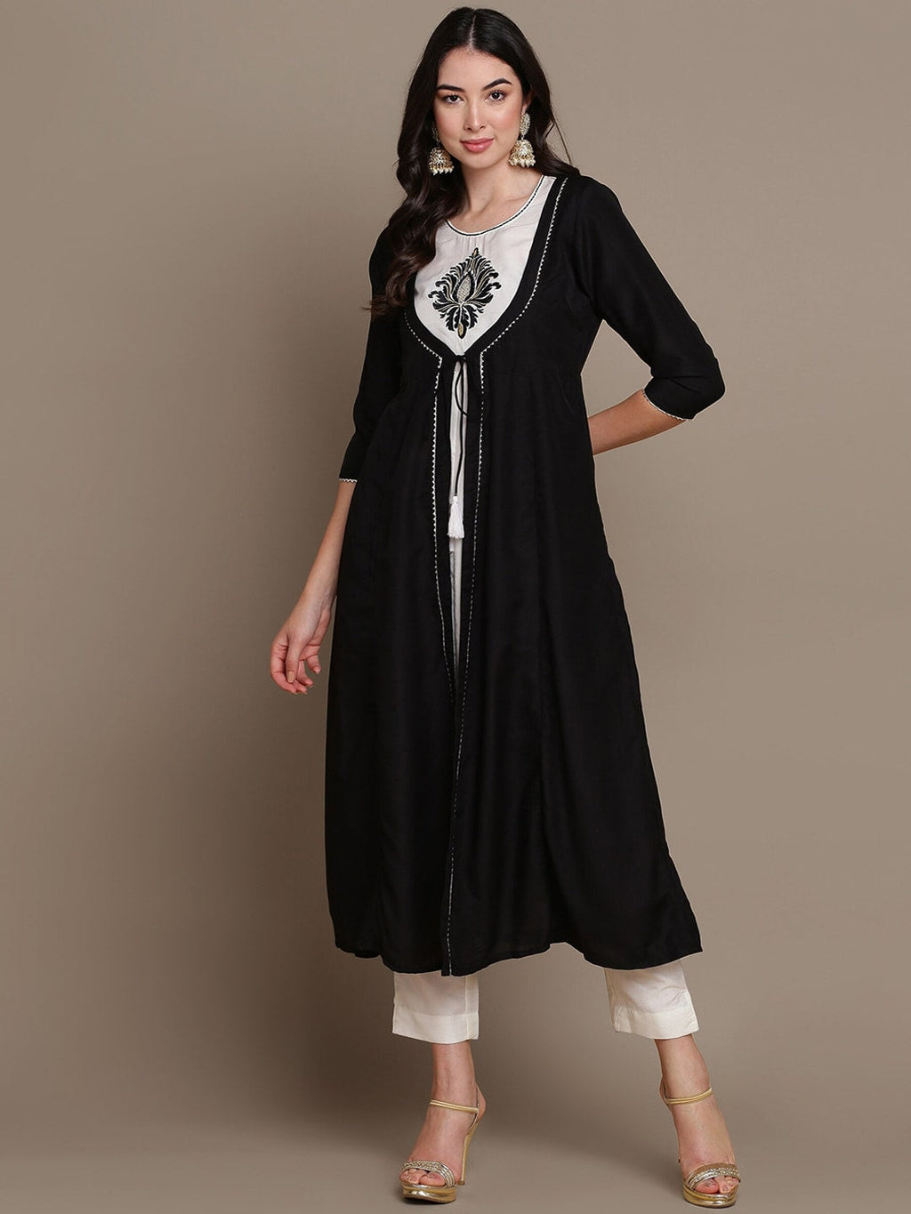 HERE&NOW Ethnic Motifs Embroidered Layered A-Line Cotton Kurta | Grocsy