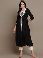 HERE&NOW Ethnic Motifs Embroidered Layered A-Line Cotton Kurta | Grocsy