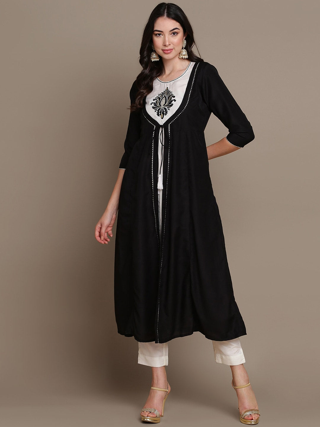 HERE&NOW Ethnic Motifs Embroidered Layered A-Line Cotton Kurta | Grocsy