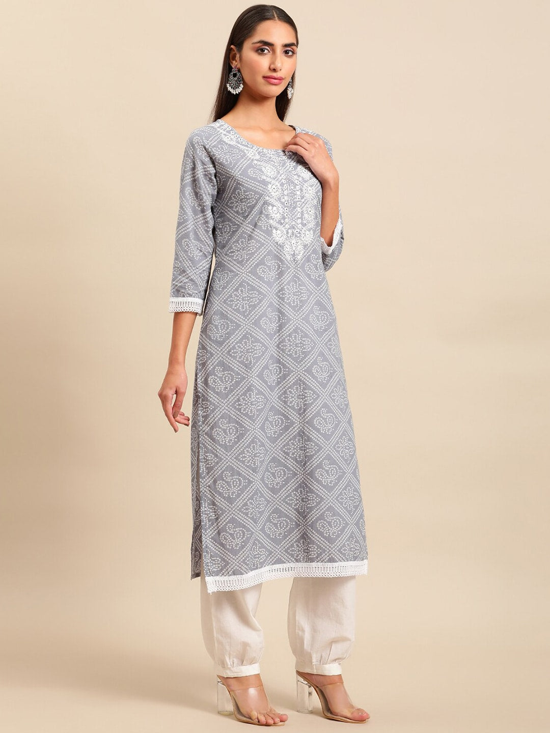 Sangria Women Bandhani Printed Thread Work Pure Cotton Kurta With Salwar & Dupatta | Grocsy