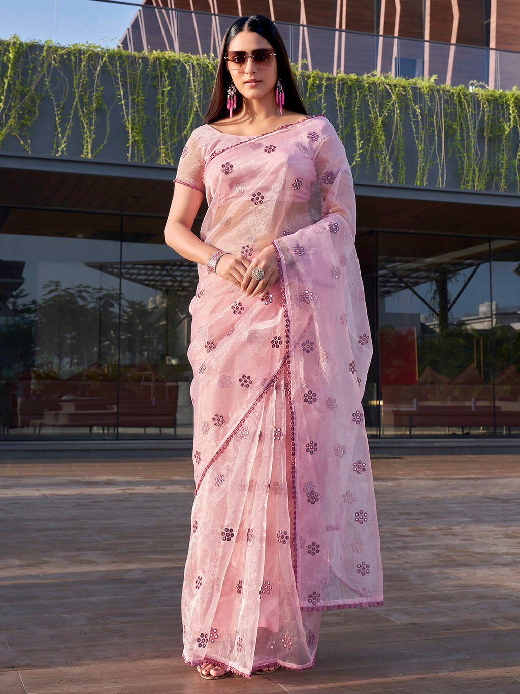 Tikhi Imli Floral Mirror Work Organza Saree | Grocsy