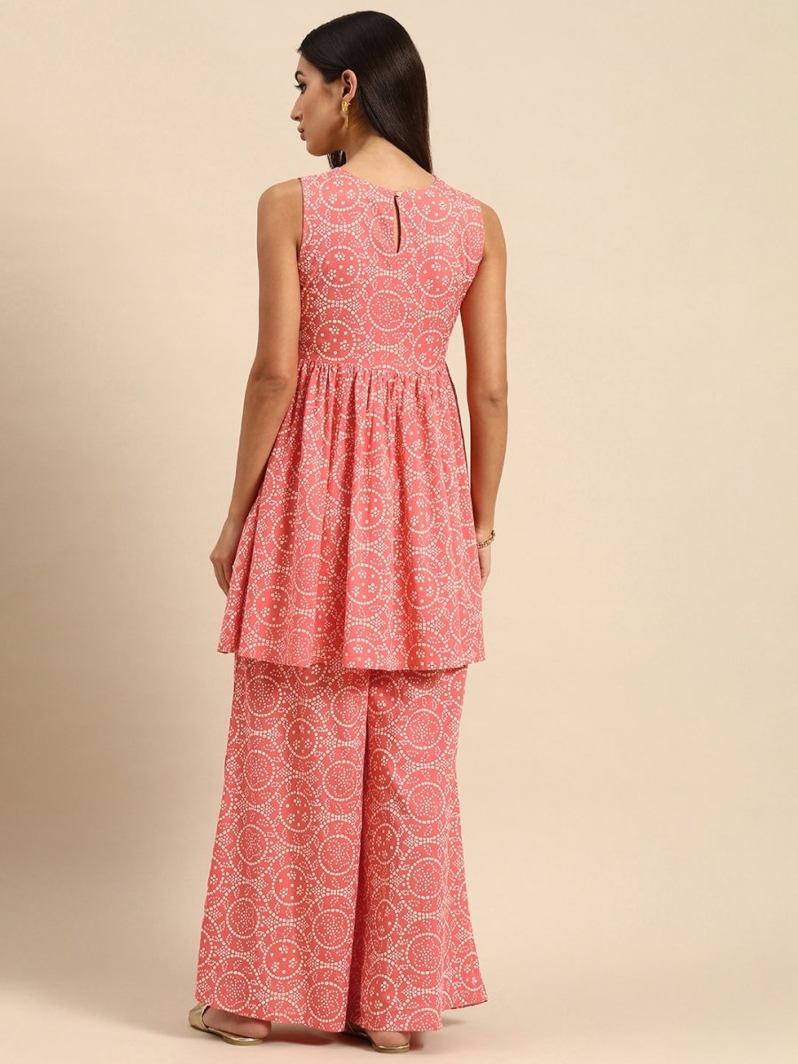 All About You Women Peach Pin & White Bandhani Print Pleated Sequinned Kurti with Palazzos | Grocsy