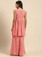All About You Women Peach Pin & White Bandhani Print Pleated Sequinned Kurti with Palazzos | Grocsy