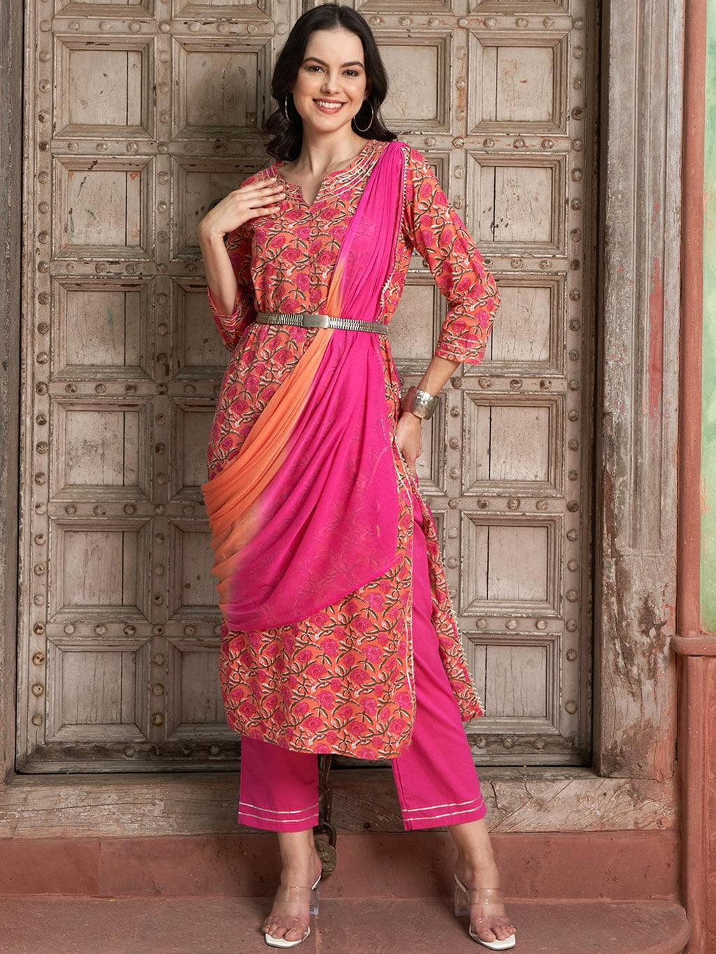 Sangria Floral Printed Gotta Patti Pure Cotton Straight Kurta with Trousers & Dupatta | Grocsy