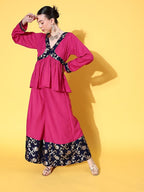 InWeave Women's Fuchsia Blue Brocade Mughal Shaan Kurta Palazzo Set | Grocsy
