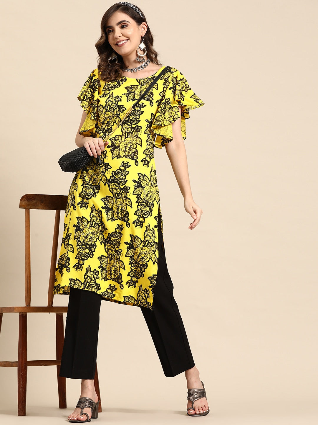 Sangria Floral Print Flutter Sleeves Kurta | Grocsy