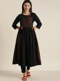 Sangria Women Black Printed Empire Pure Cotton Kurta with Trousers | Grocsy