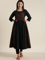 Sangria Women Black Printed Empire Pure Cotton Kurta with Trousers | Grocsy