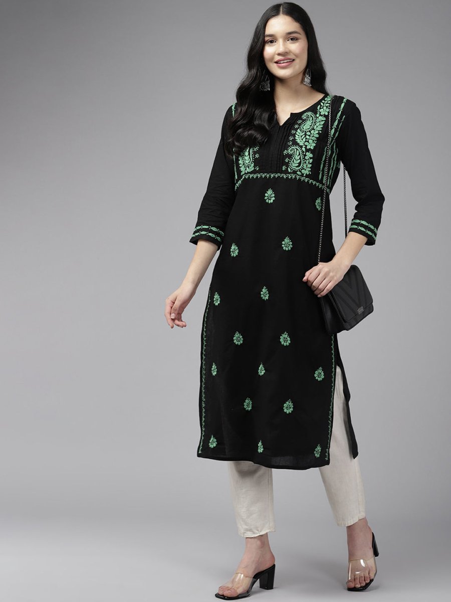ADA Ethnic Motifs Embroidered Chikankari Cotton Straight Kurta | Grocsy