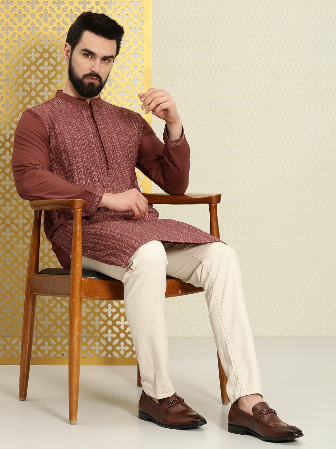 House of Pataudi Men Floral Embroidered Sequined Floral Jashn Kurta | Grocsy