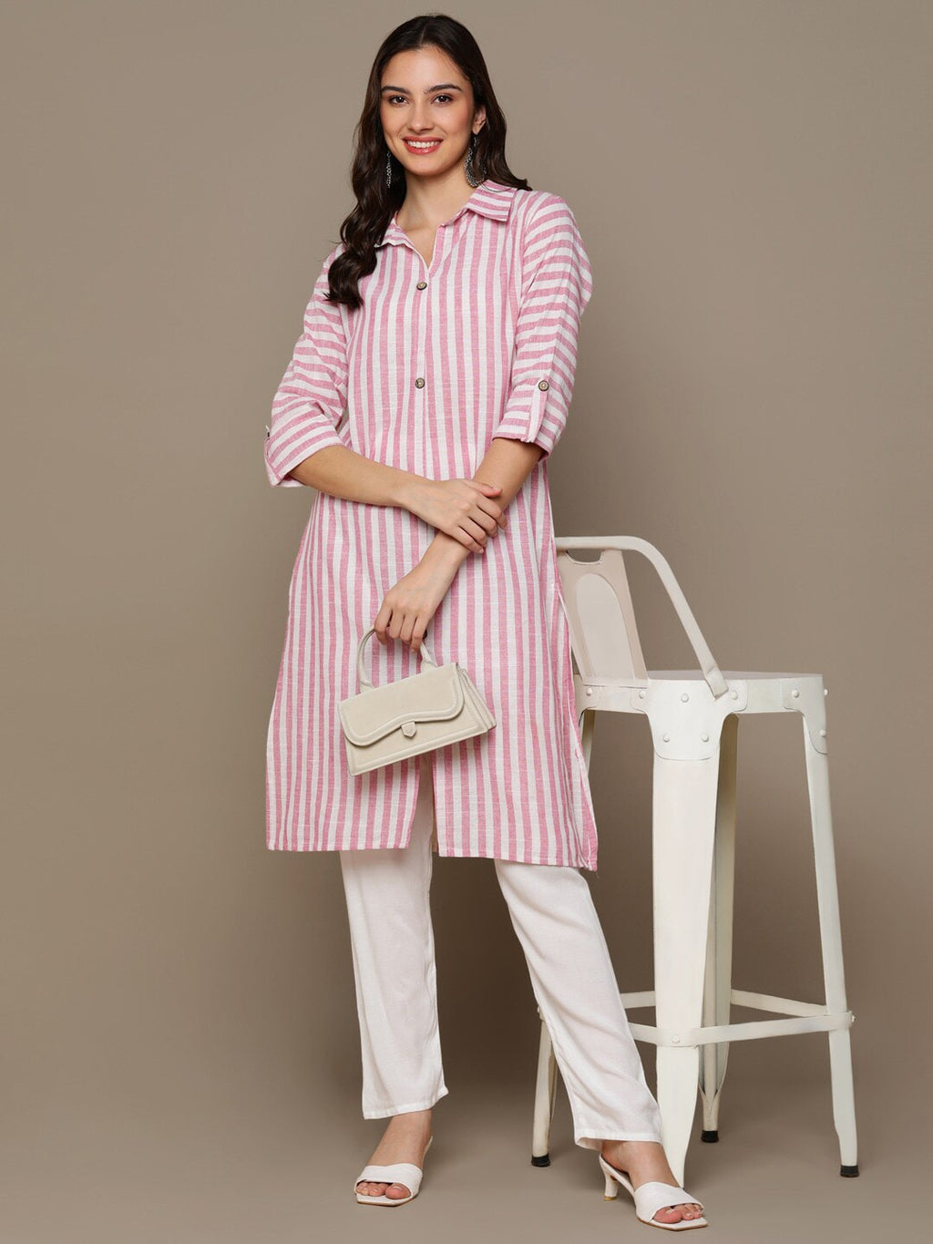 HERE&NOW Pink & White Shirt Collar Roll-Up Sleeves Striped Pure Cotton Straight Kurta | Grocsy