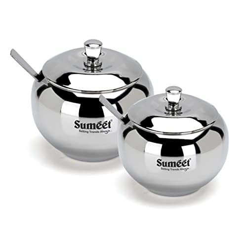 Sumeet Stainless Steel Ghee and Oil Pot, Storage Conrainer with Spoon for Kitchen, 7.5cm & 8.5cm Dia, 170ML & 230ML - Silver (Pack of 2) | Grocsy