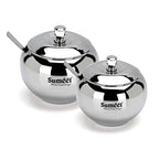 Sumeet Stainless Steel Ghee and Oil Pot, Storage Conrainer with Spoon for Kitchen, 7.5cm & 8.5cm Dia, 170ML & 230ML - Silver (Pack of 2) | Grocsy