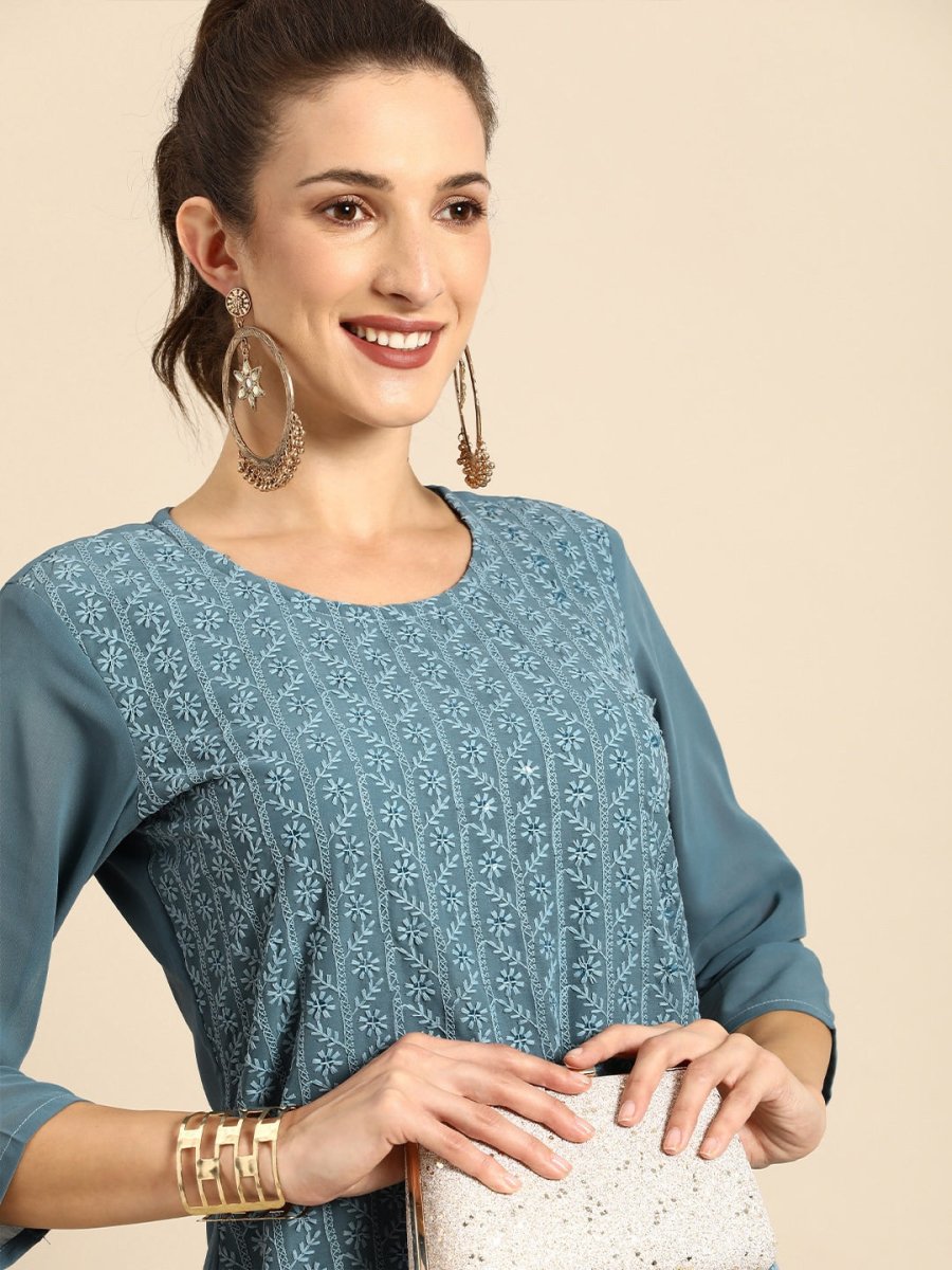 All About You Women Grey Ethnic Motifs Embroidered Regular Chikankari Kurta with Palazzos | Grocsy
