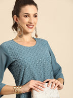 All About You Women Grey Ethnic Motifs Embroidered Regular Chikankari Kurta with Palazzos | Grocsy