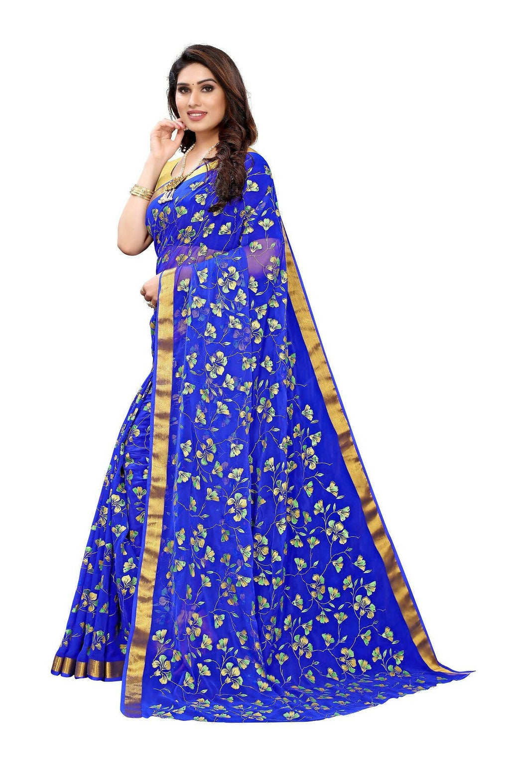 Vamika Blue Printed Chiffon Saree (UJALA BLUE) | Grocsy