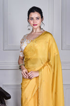 Morchari Yellow Chiffon Hand Embroidery Saree And Stitched Blouse | Grocsy