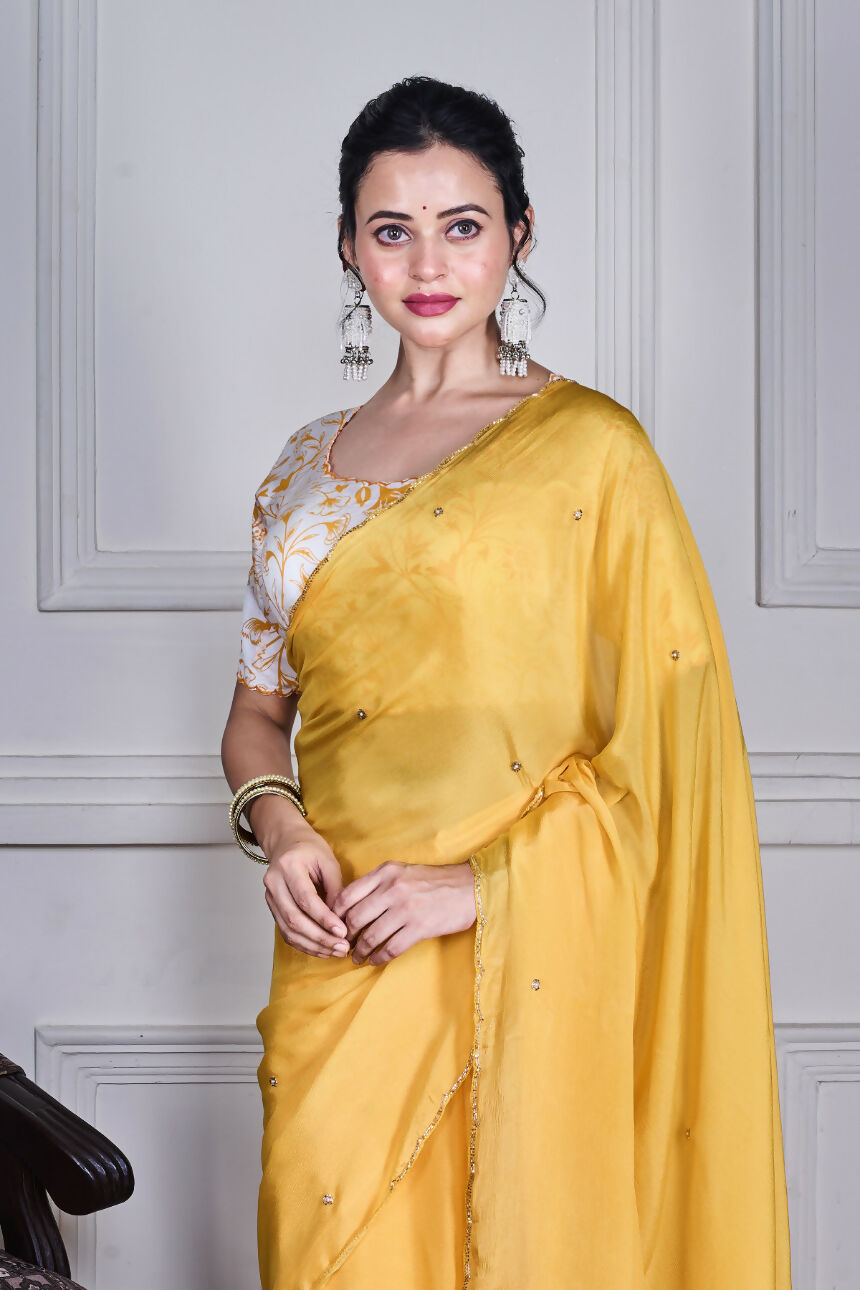 Morchari Yellow Chiffon Hand Embroidery Saree And Stitched Blouse | Grocsy