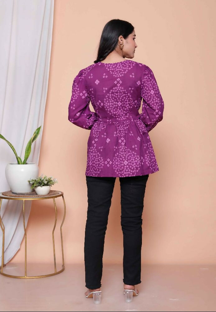 Miravan Womens Purple Bandhani Printed Butterfly Style Top | Grocsy