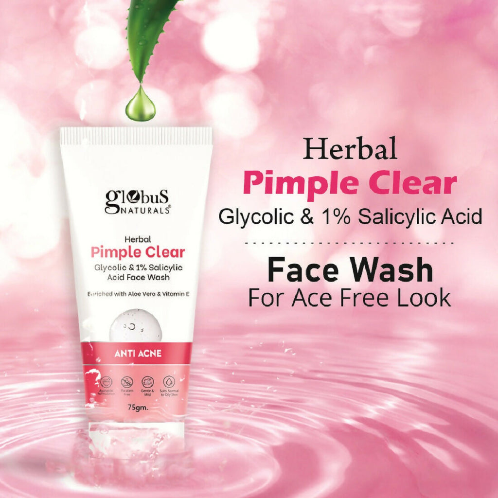 Globus Naturals Herbal Pimple Clear Glycolic & 1% Salicylic Acid Face Wash | Grocsy