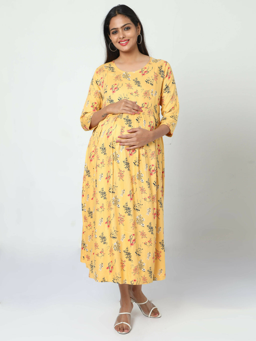 Manet Three Fourth Maternity Dress Floral Print With Concealed Zipper Nursing Access - Yellow | Grocsy