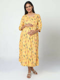 Manet Three Fourth Maternity Dress Floral Print With Concealed Zipper Nursing Access - Yellow | Grocsy