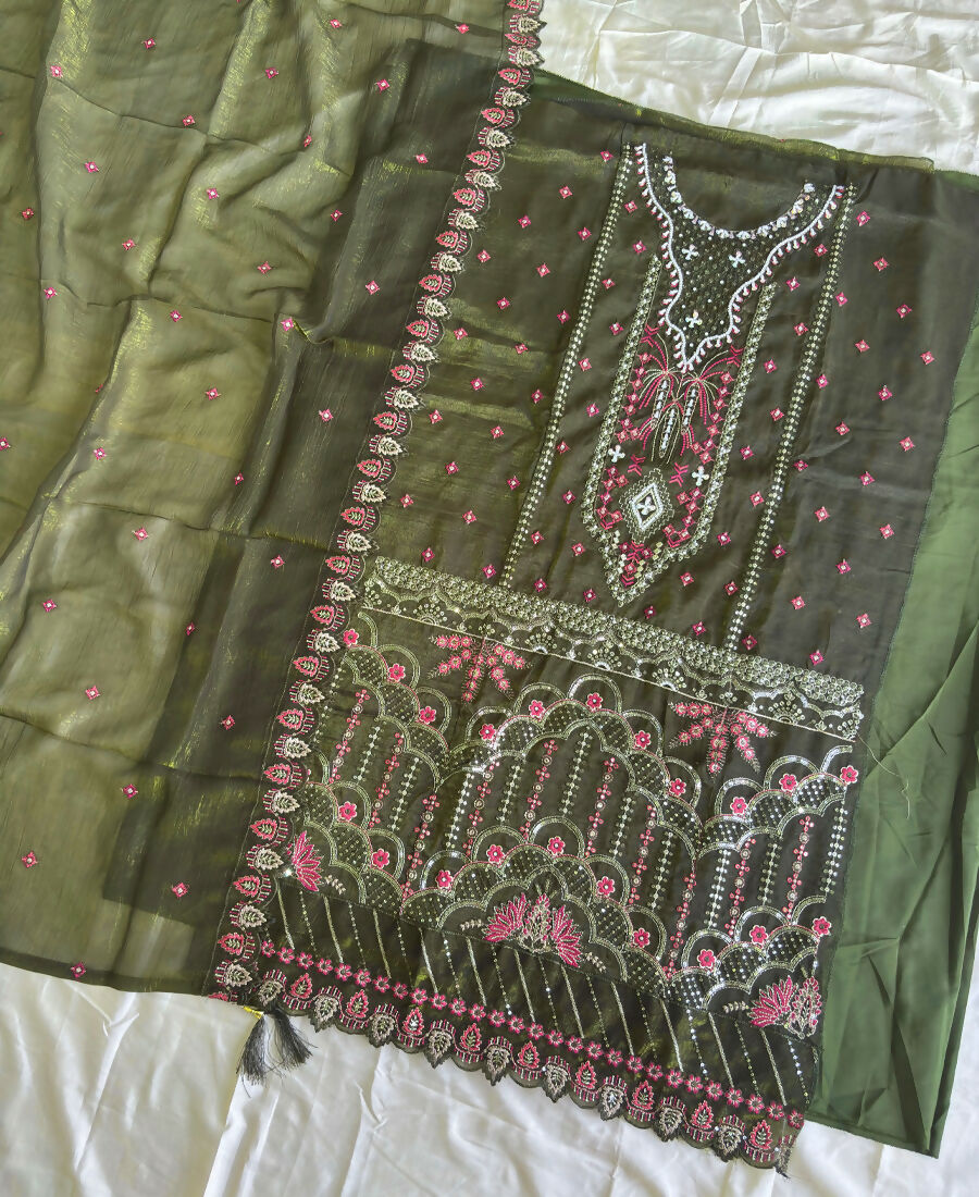 KC Mahendi Pakistani Crunchy Silk Heavy Salwar Kameez For Women | Grocsy